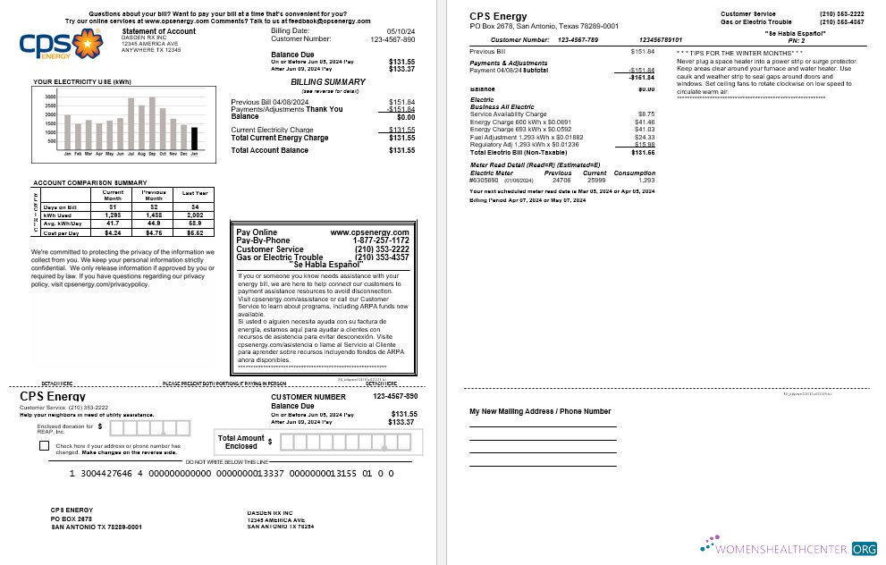 Download USA CPS ENERGY business utility bill Word and PDF template Photoshop template